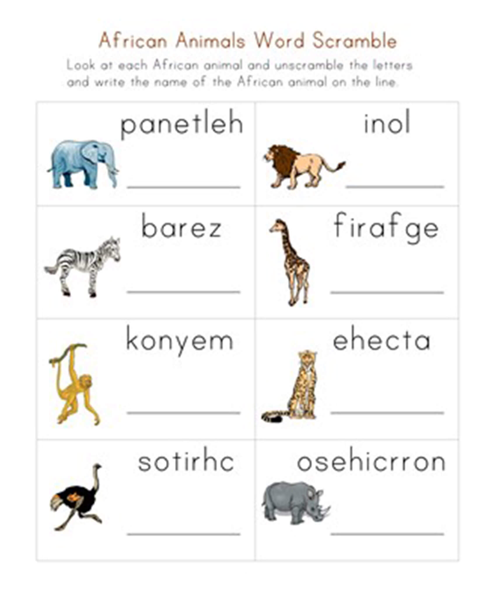 African Animals Word Scramble