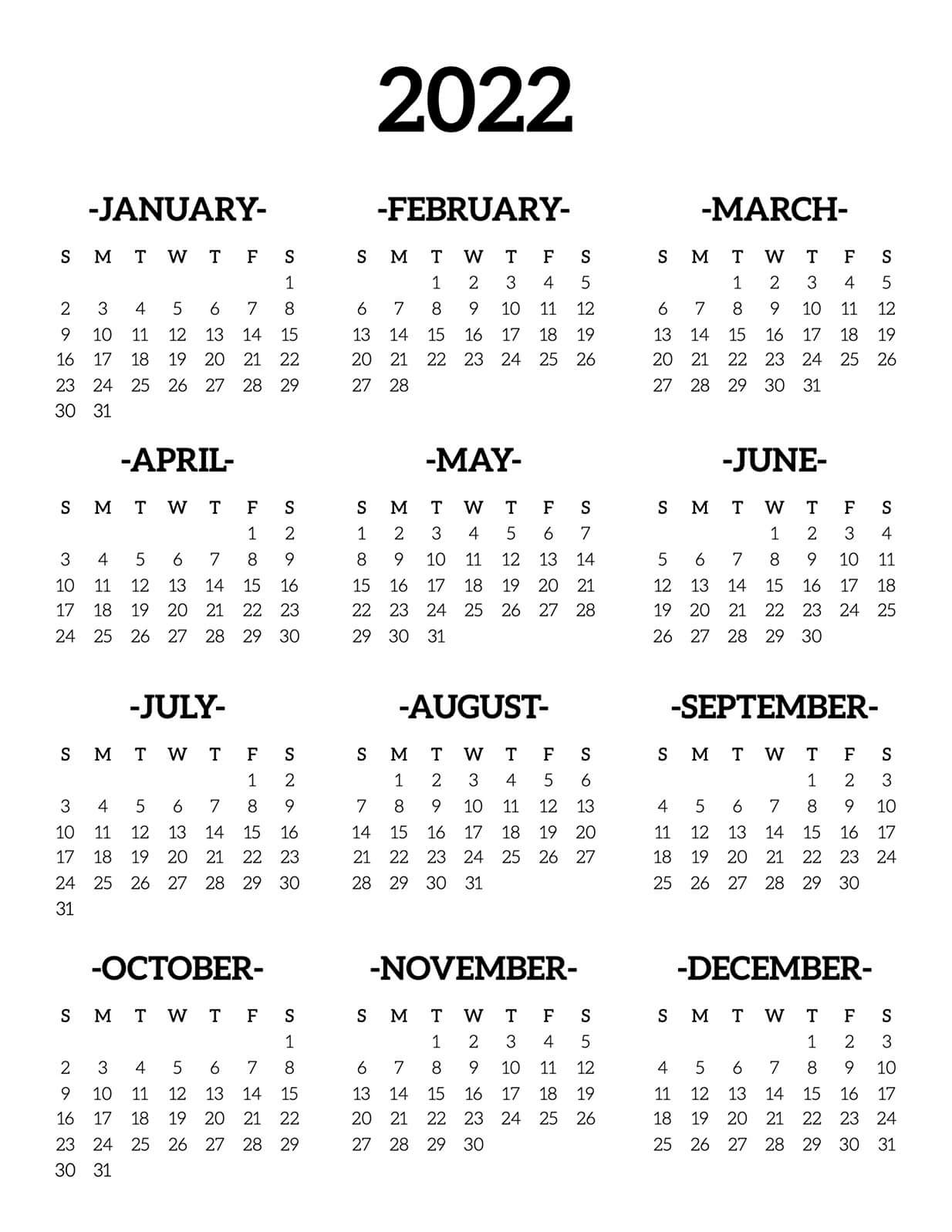 Printable 2022 Calendar Full