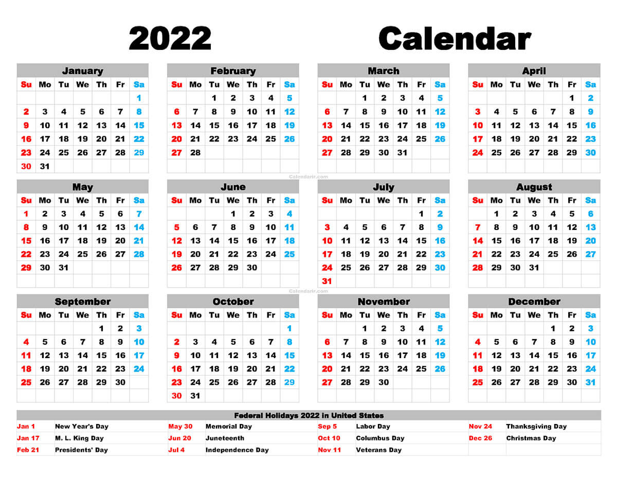 Printable 2022 Calendar with Holidays 2