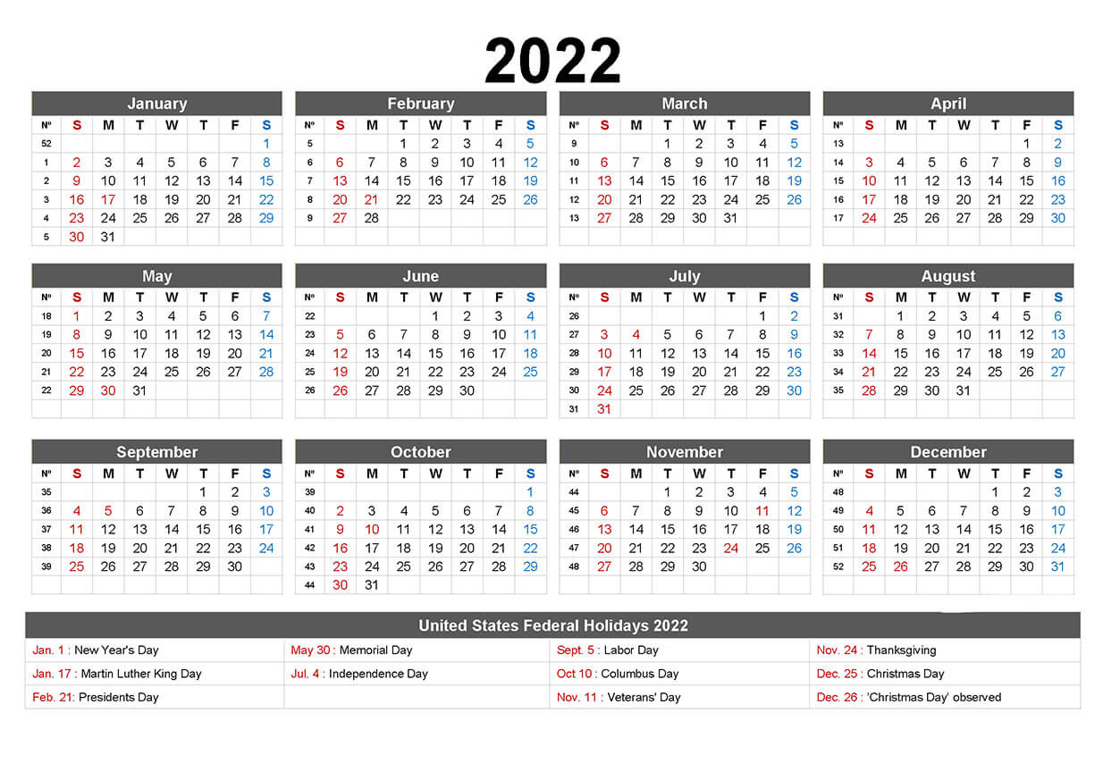 Printable 2022 Calendar with US Holidays 2