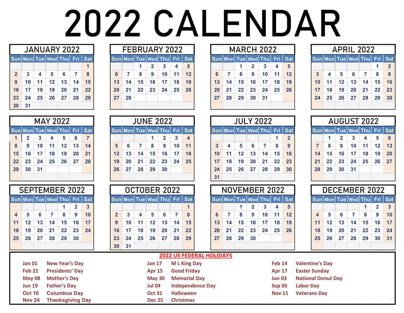 Printable 2022 Calendar with US Holidays