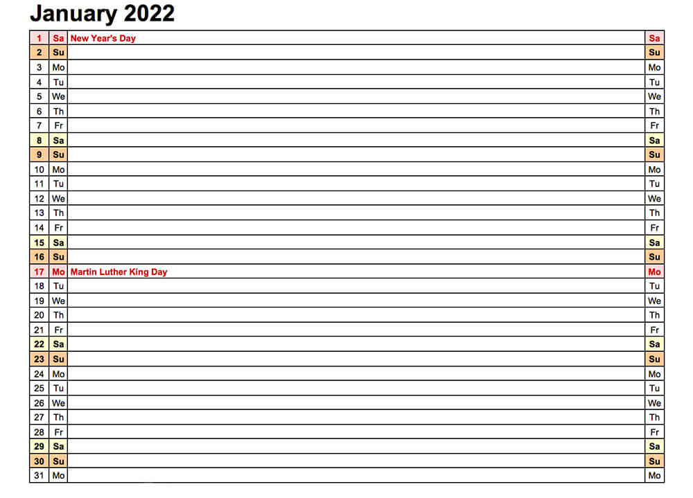 Printable January 2022 Calendar List View