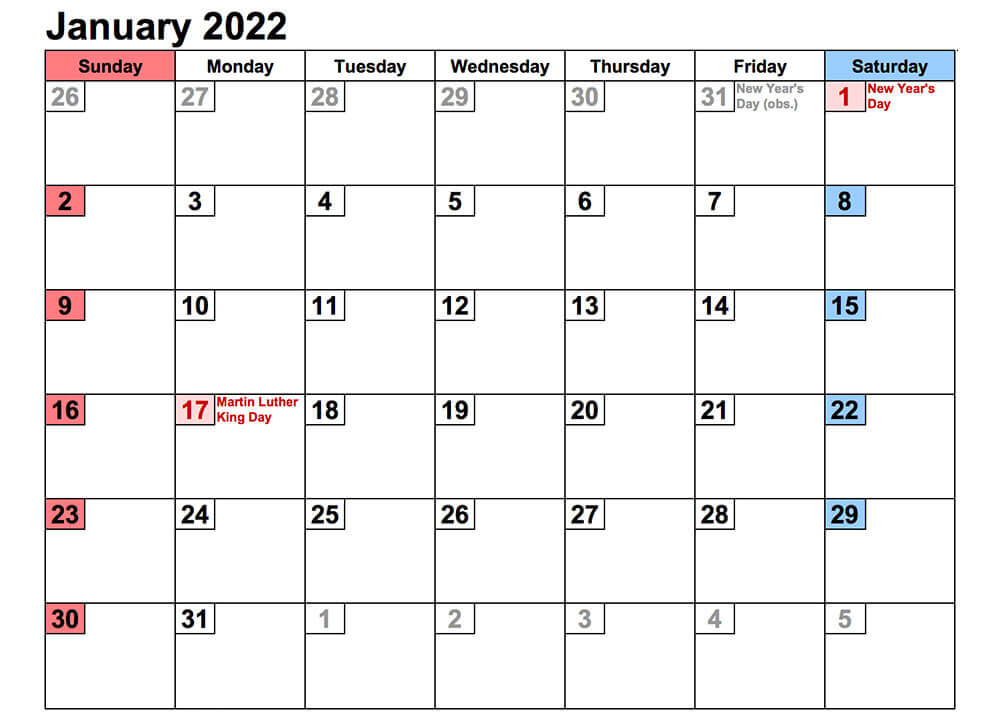 Printable January 2022 Calendar Small Numerals