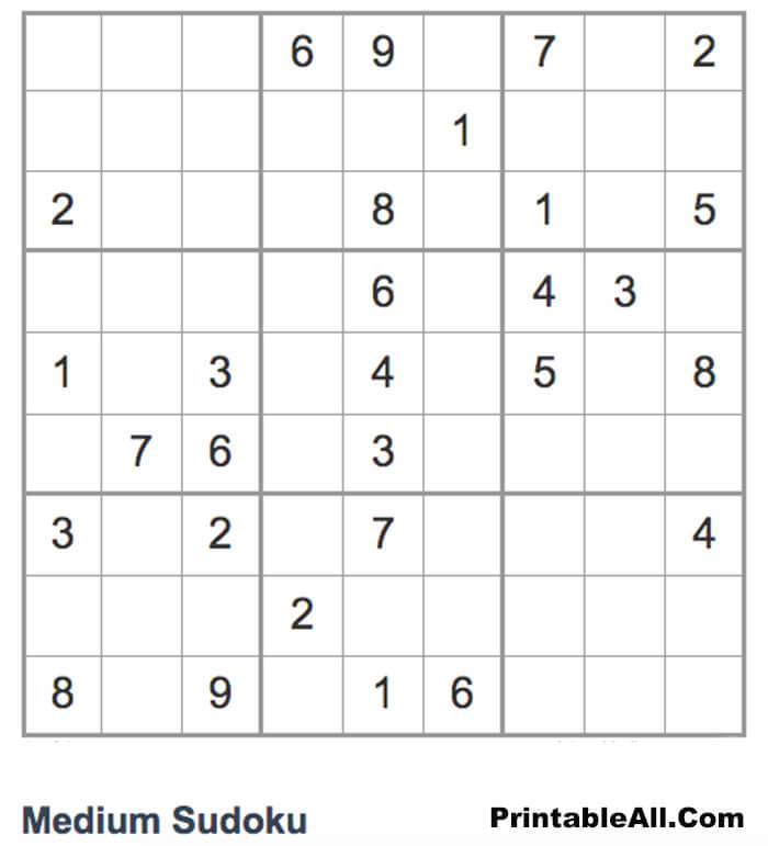 Printable Sudoku Medium 9x9 - Sheet 1