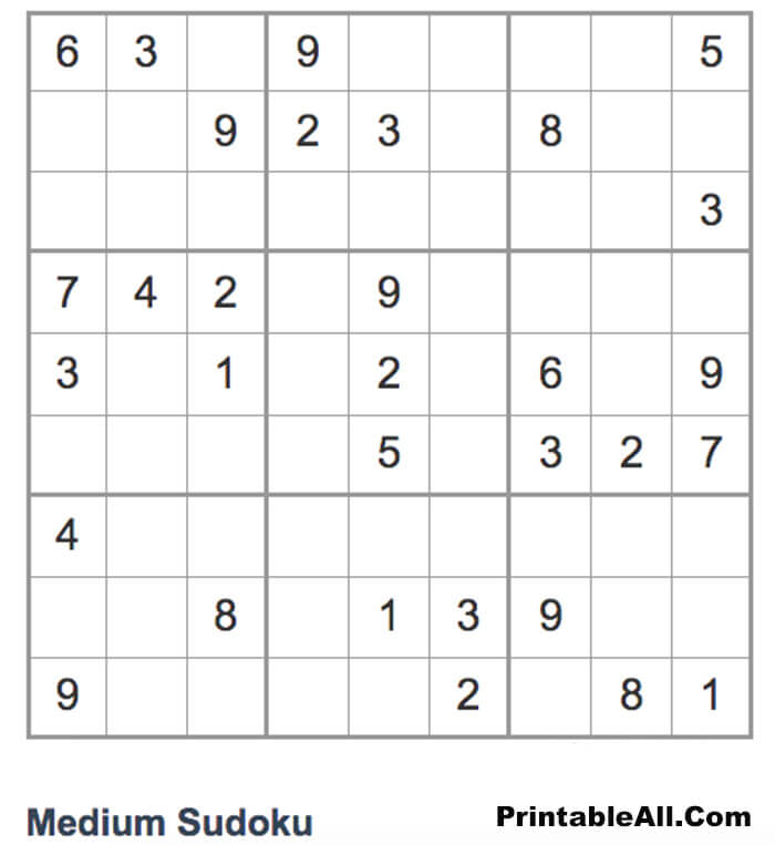Printable Sudoku Medium 9x9 - Sheet 10