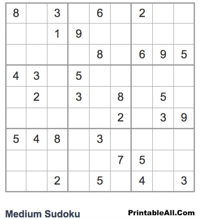 Printable Sudoku Medium 9x9 - Sheet 6