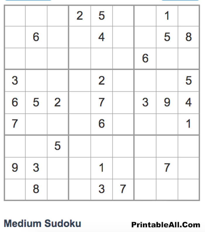 Printable Sudoku Medium 9x9 - Sheet 7