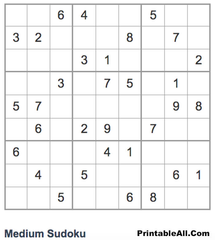 Printable Sudoku Medium 9x9 - Sheet 8