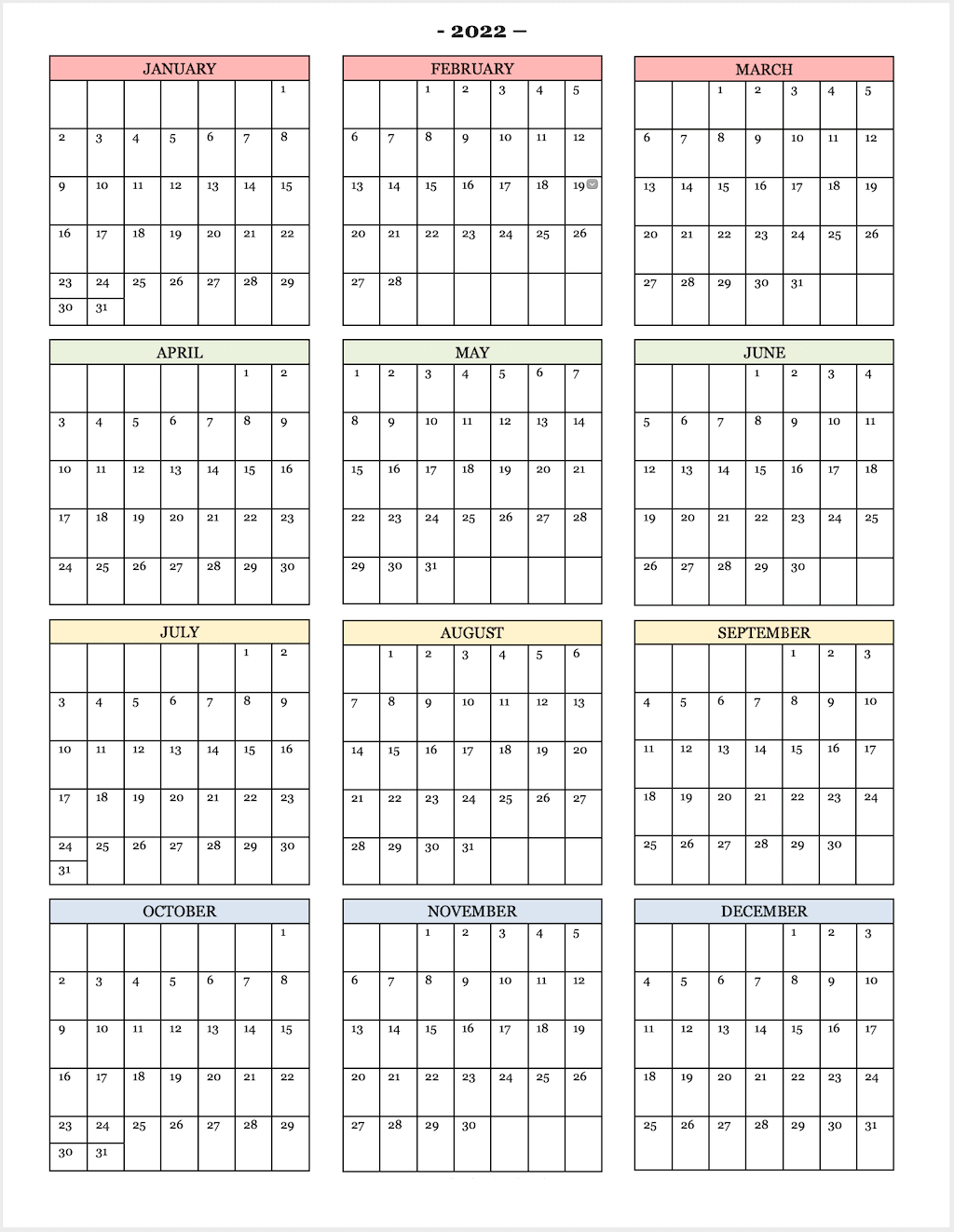 Printable Year 2022 Calendar 1