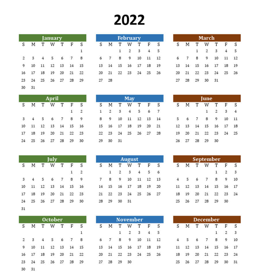 Printable Year 2022 Calendar 2