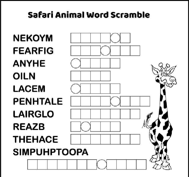 Safari Animals Word Scramble