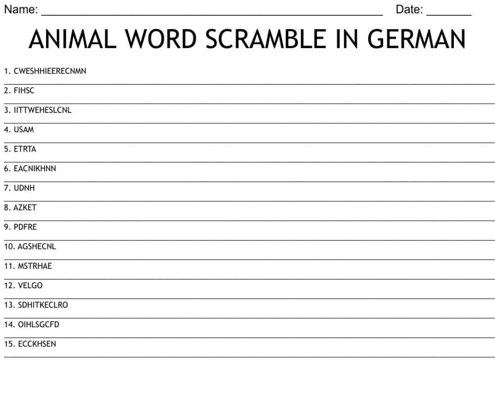 Animal Word Scramble in German