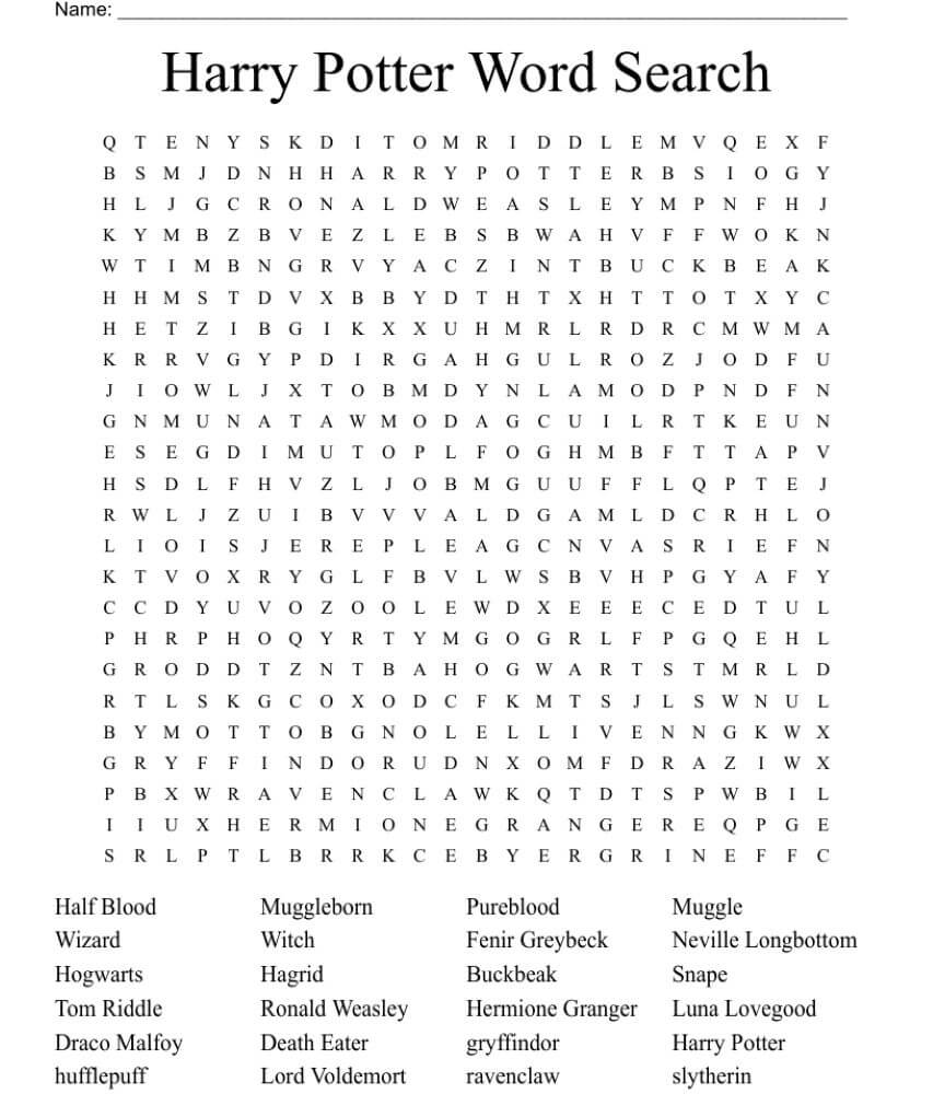 Challenging Harry Potter Word Search