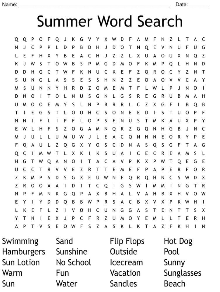 Difficult Summer Vacation Word Search