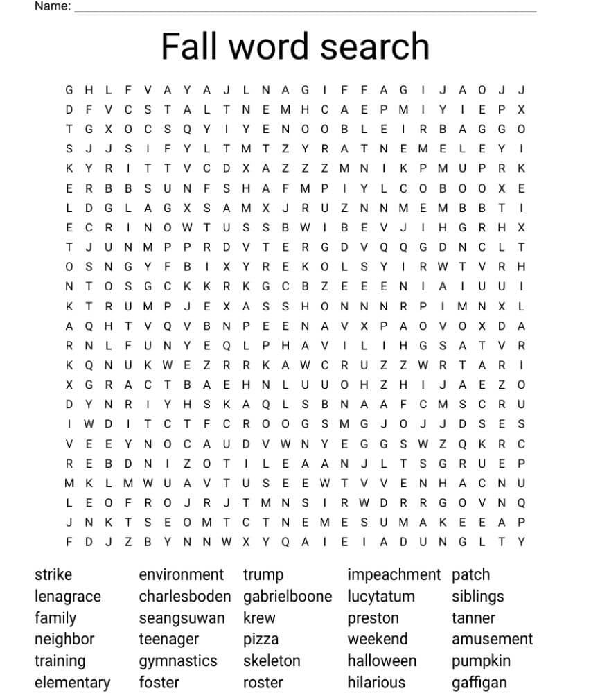 Fall Word Search Middle School