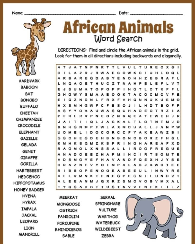 Printable African Animals Word Search – Sheet 1