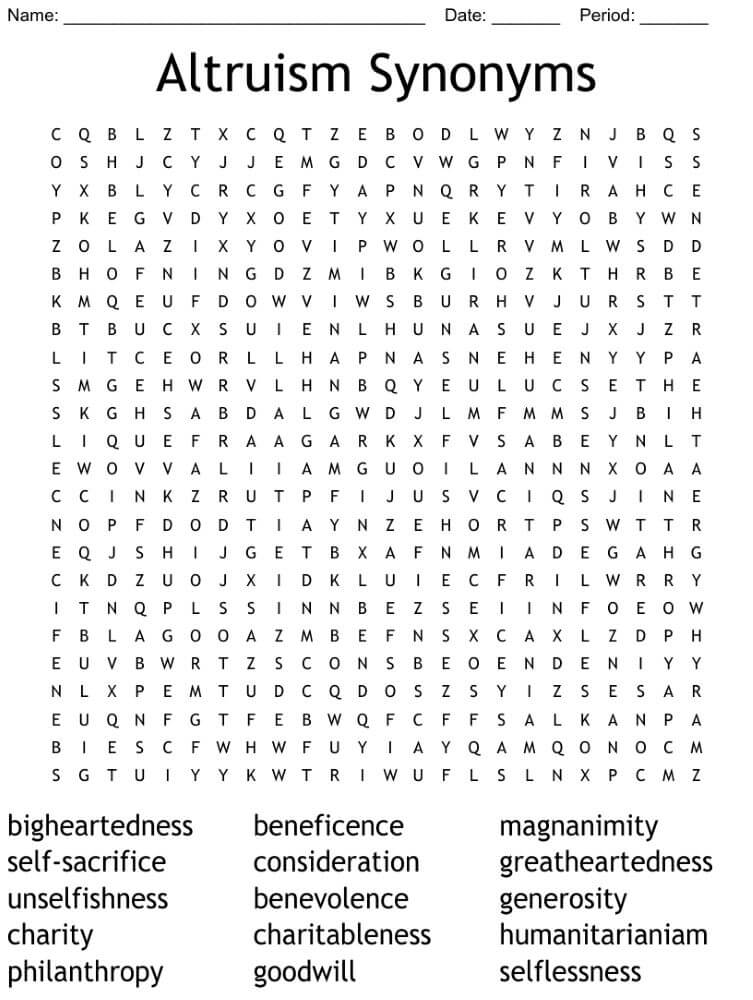 Printable Altruism Synonyms Word Search