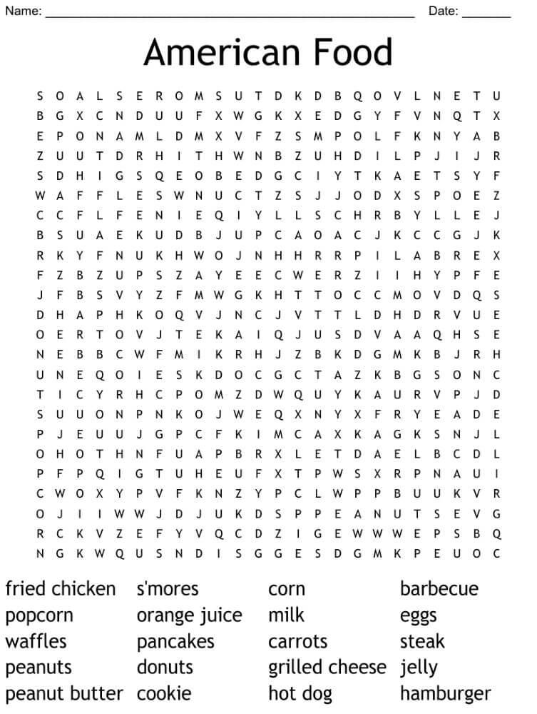 Printable American Food Word Search - Sheet 1