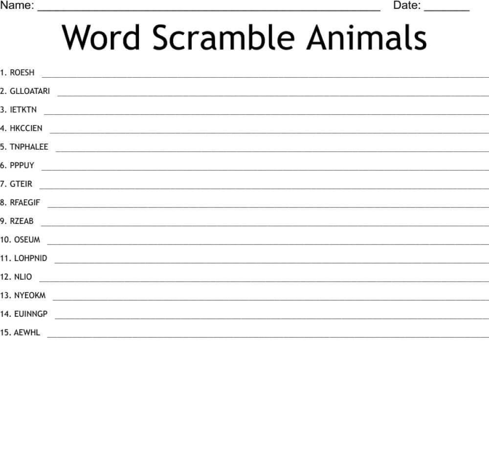 Printable Animal Word Scramble – Worksheet 12