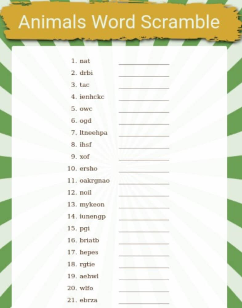 Printable Animal Word Scramble – Worksheet 2
