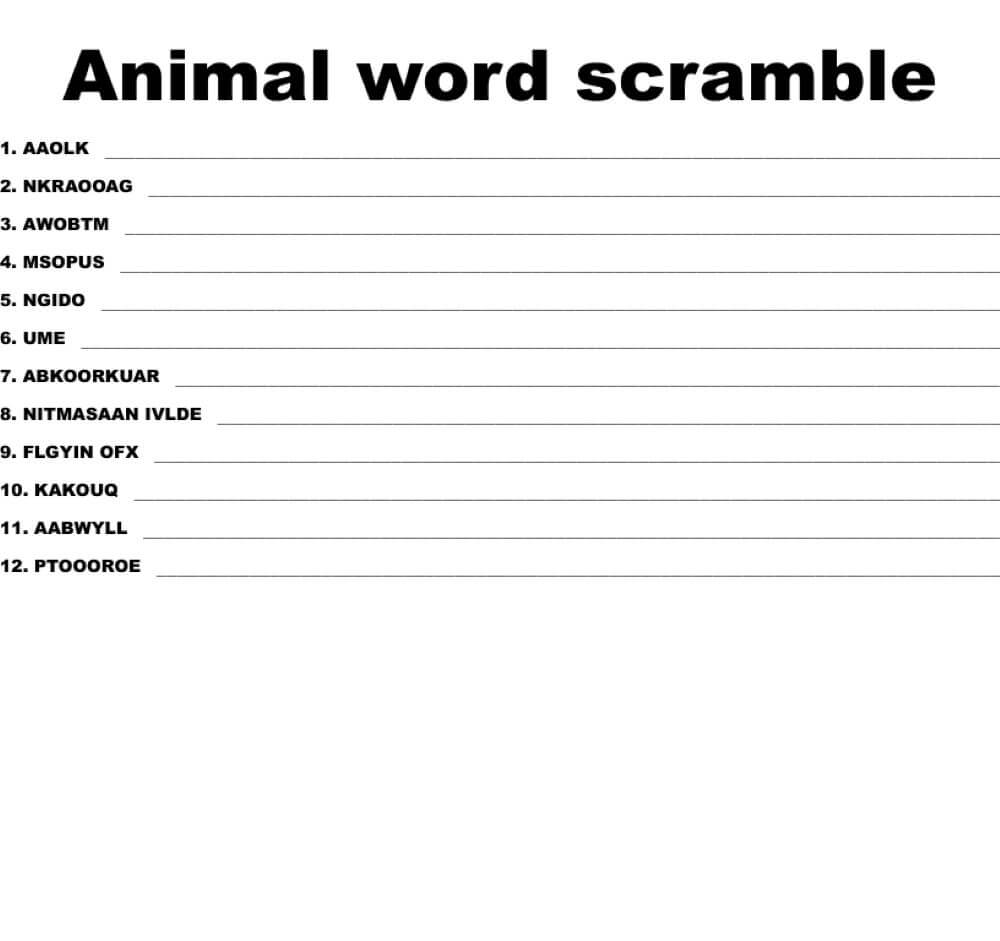 Printable Animal Word Scramble - Worksheet 6