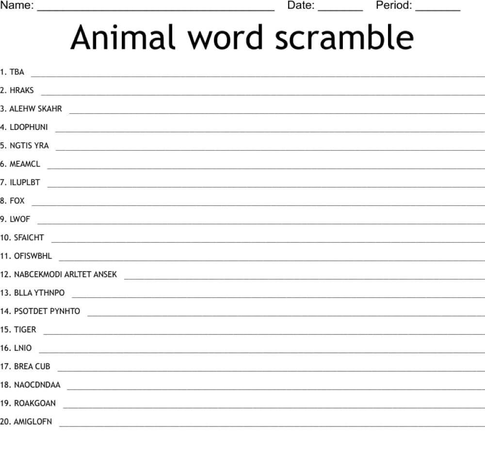 Printable Animal Word Scramble - Worksheet 7