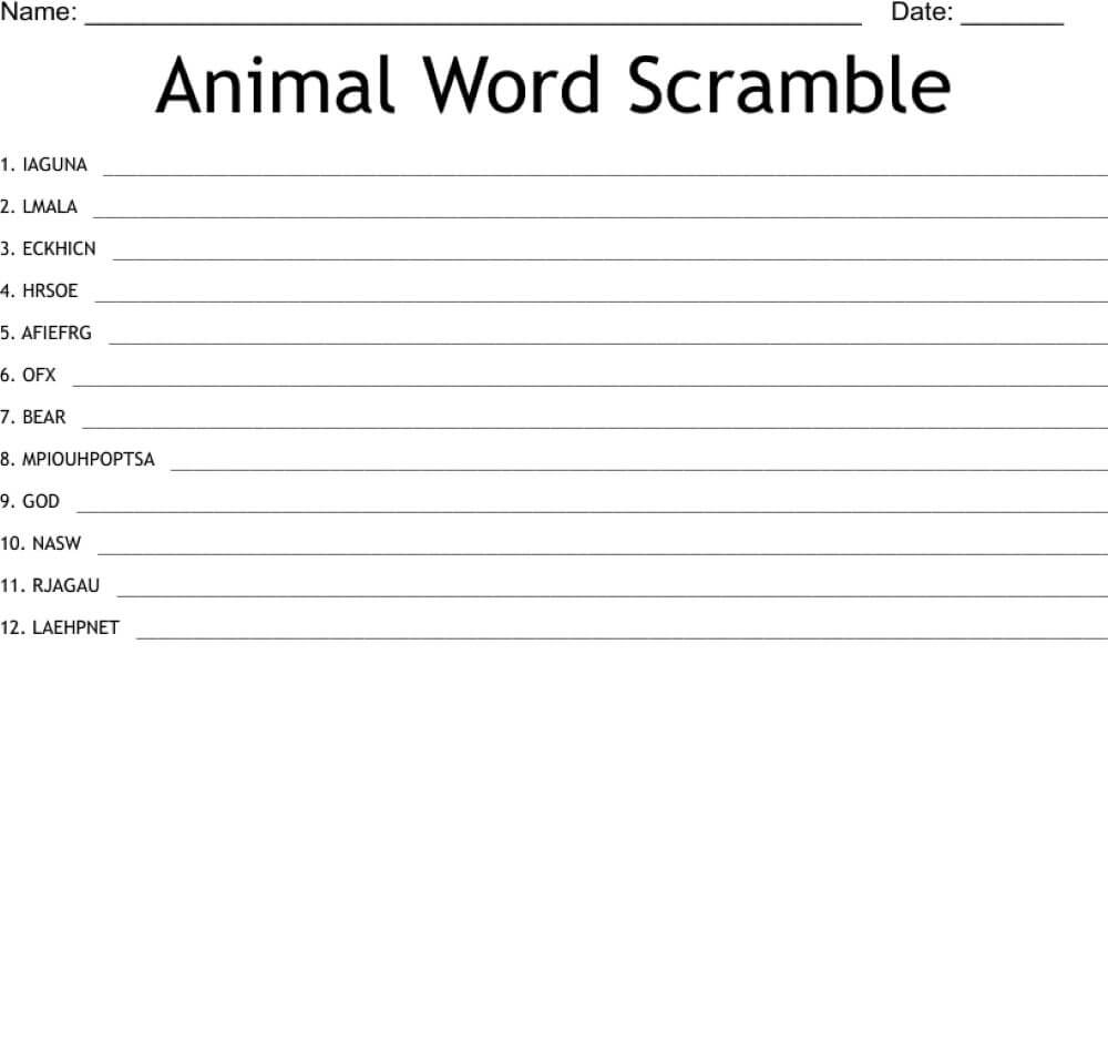 Printable Animal Word Scramble - Worksheet 8