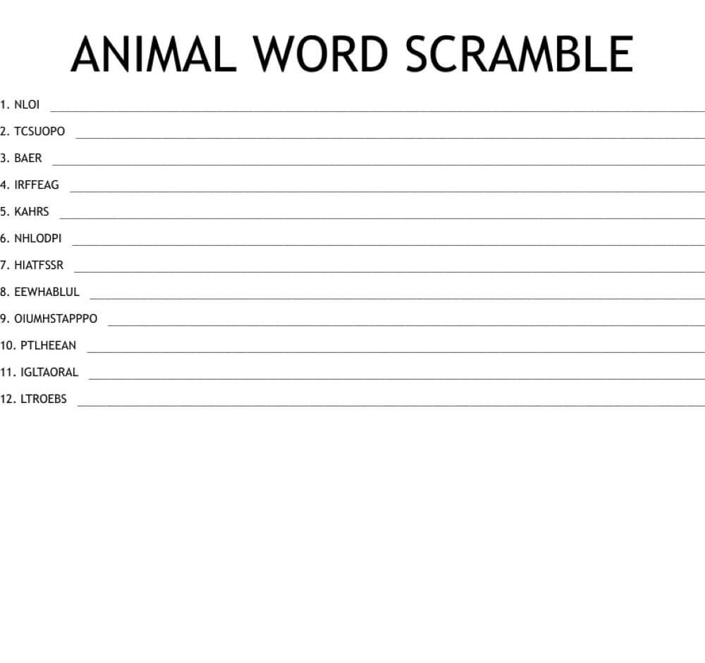 Printable Animal Word Scramble – Worksheet 9