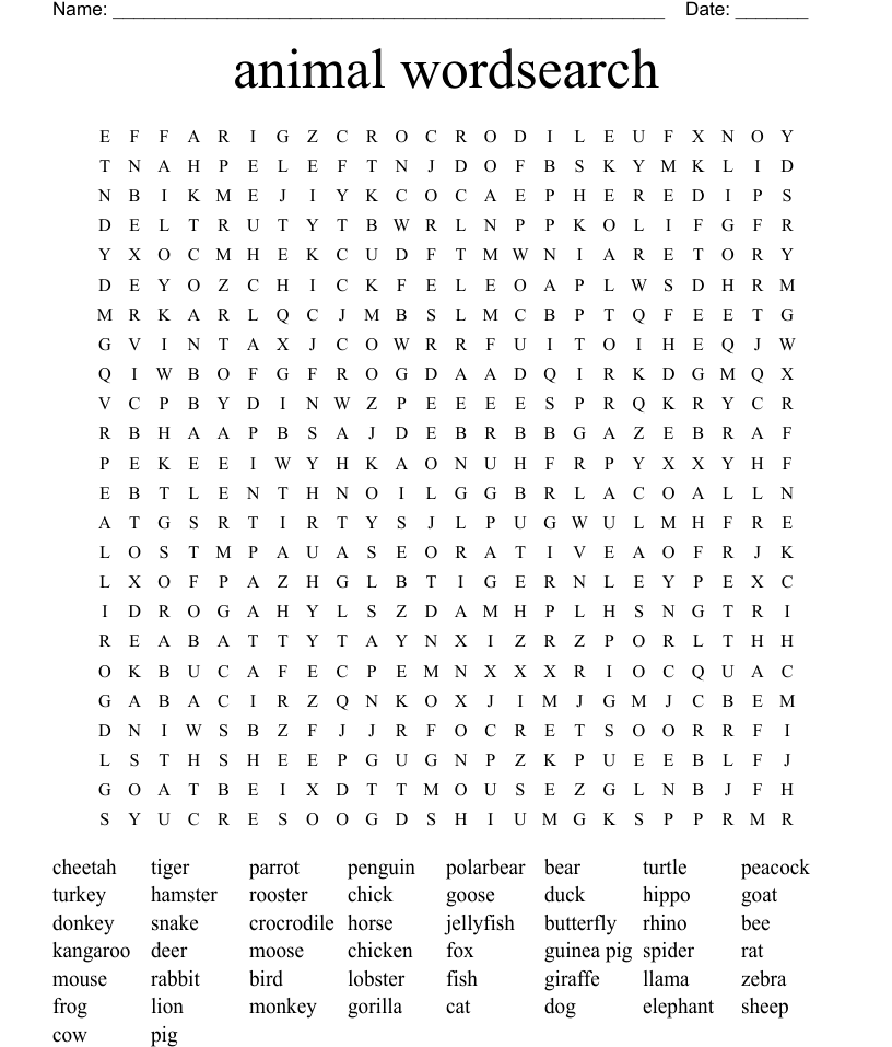 Printable Animal Word Search – Sheet 4