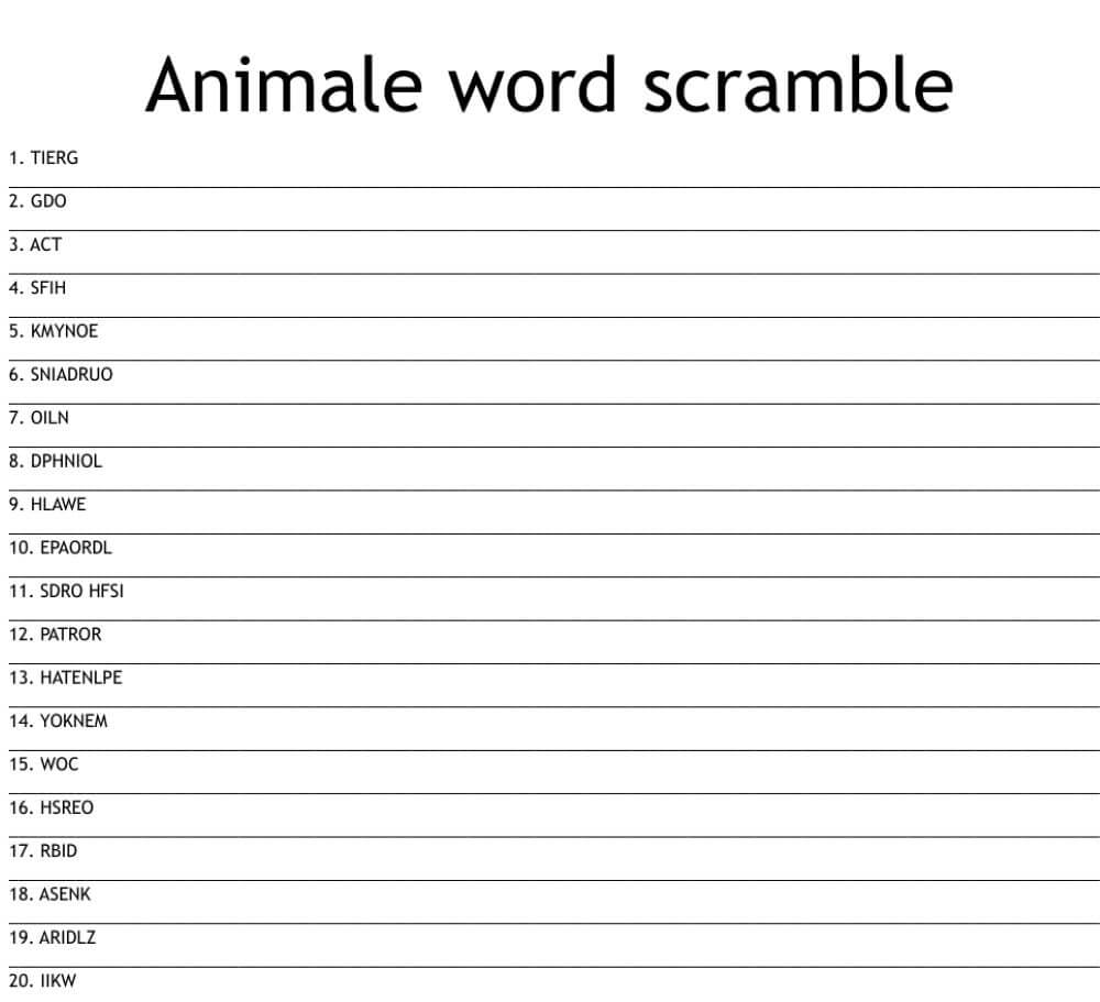 Printable Animale Word Scramble