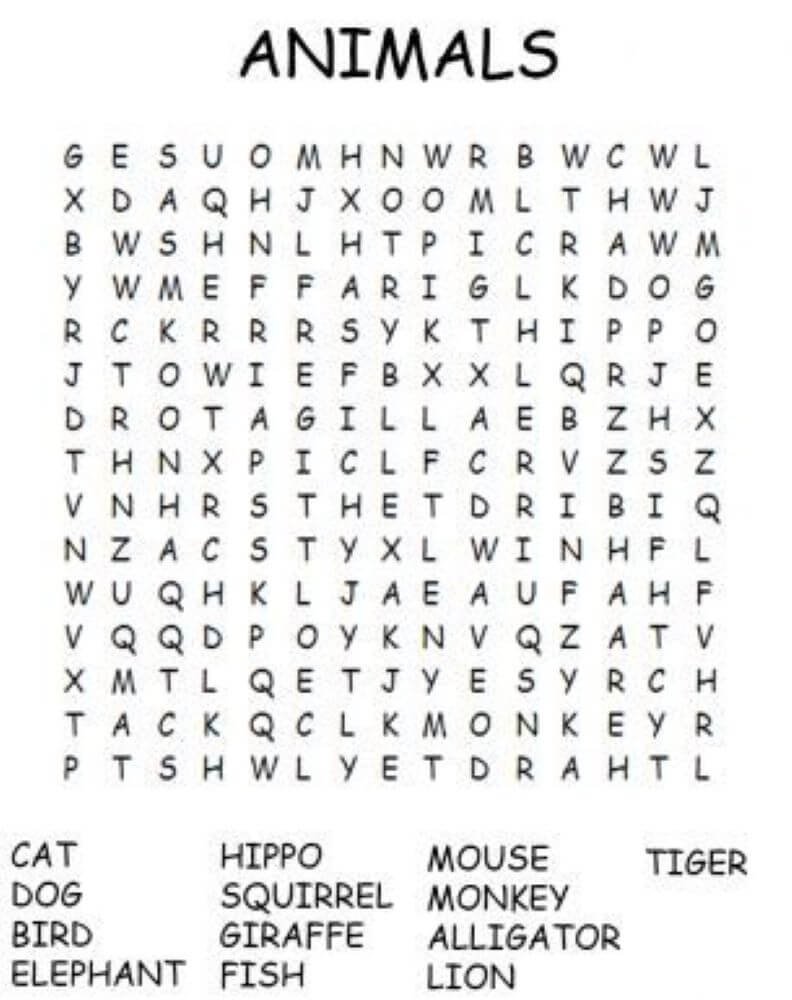 Printable Animals Word Search - Sheet 1