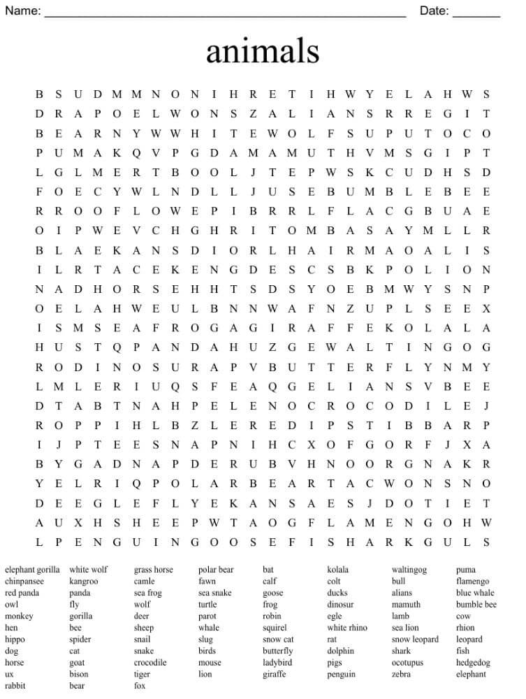 Printable Animals Word Search – Sheet 10