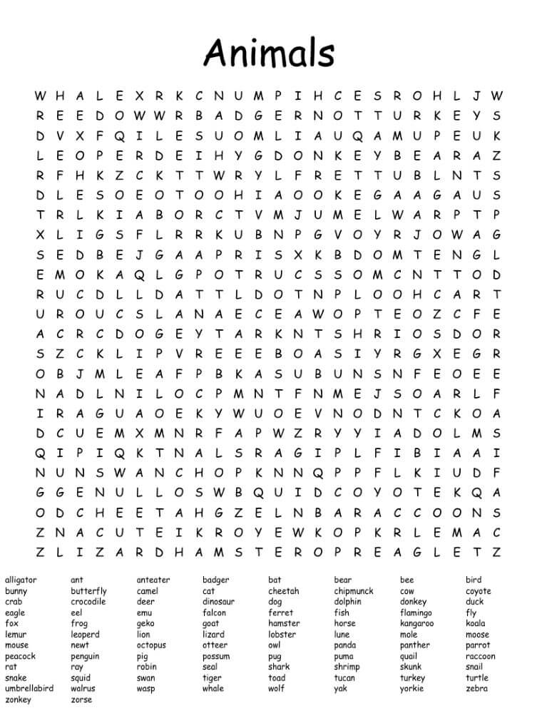 Printable Animals Word Search – Sheet 11