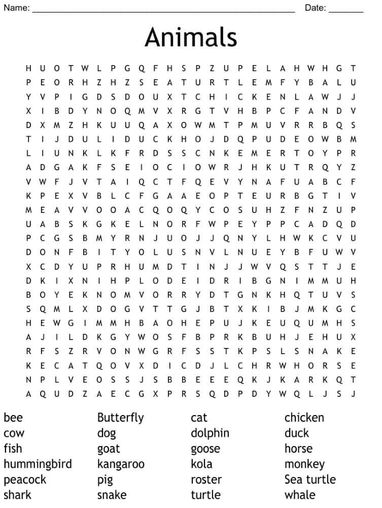 Printable Animals Word Search - Sheet 6