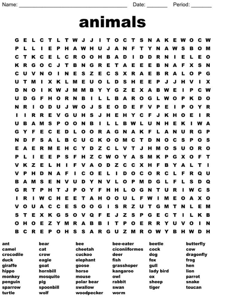 Printable Animals Word Search – Sheet 7