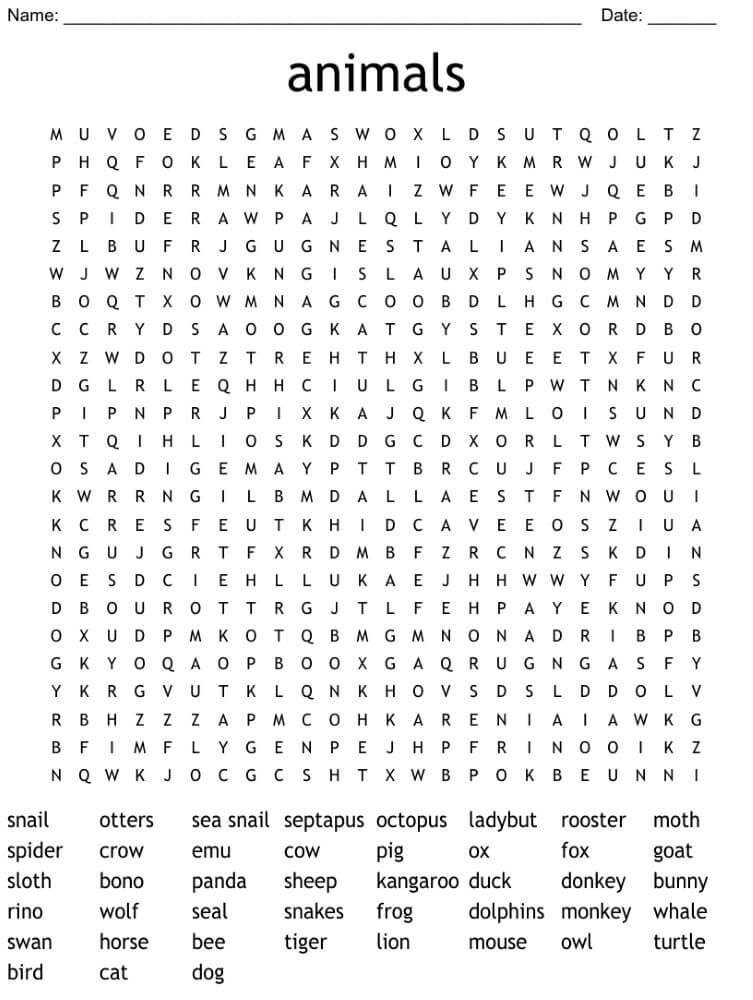 Printable Animals Word Search - Sheet 9