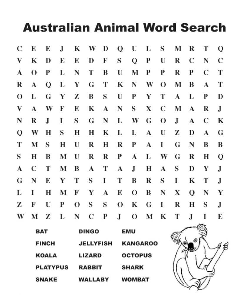 Printable Australia Animals Word Search - Sheet 1