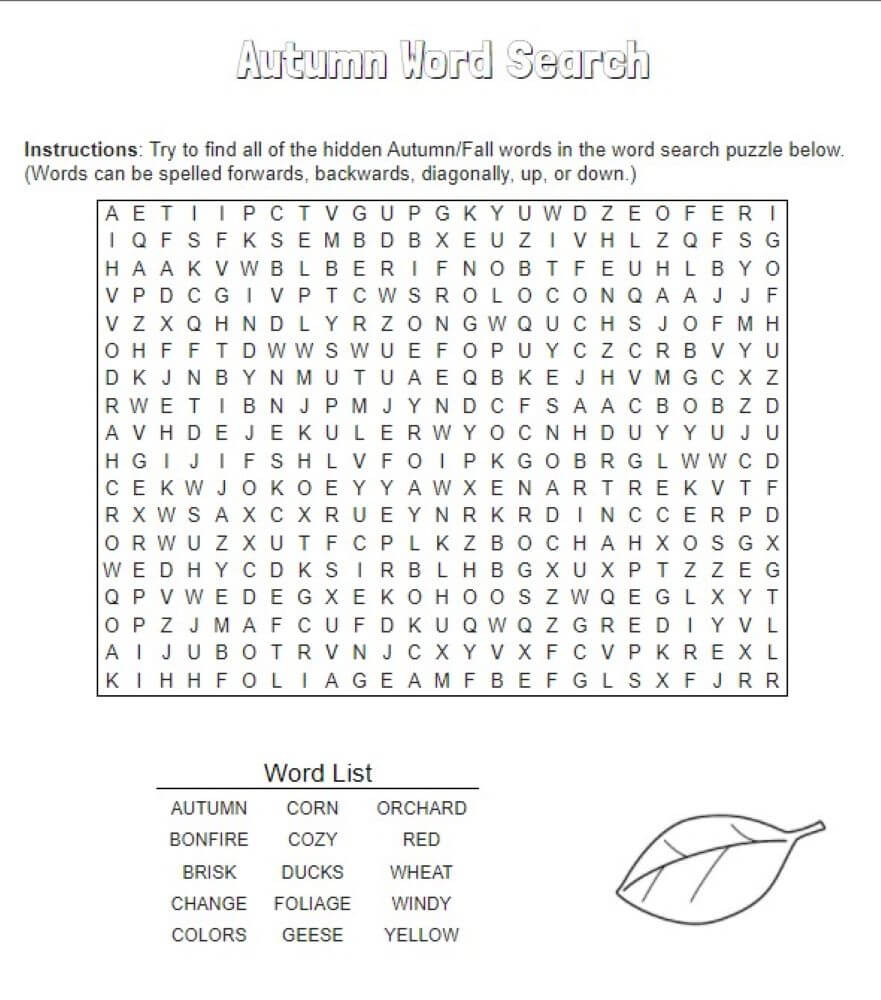 Printable Autumn Word Search – Worksheet 1