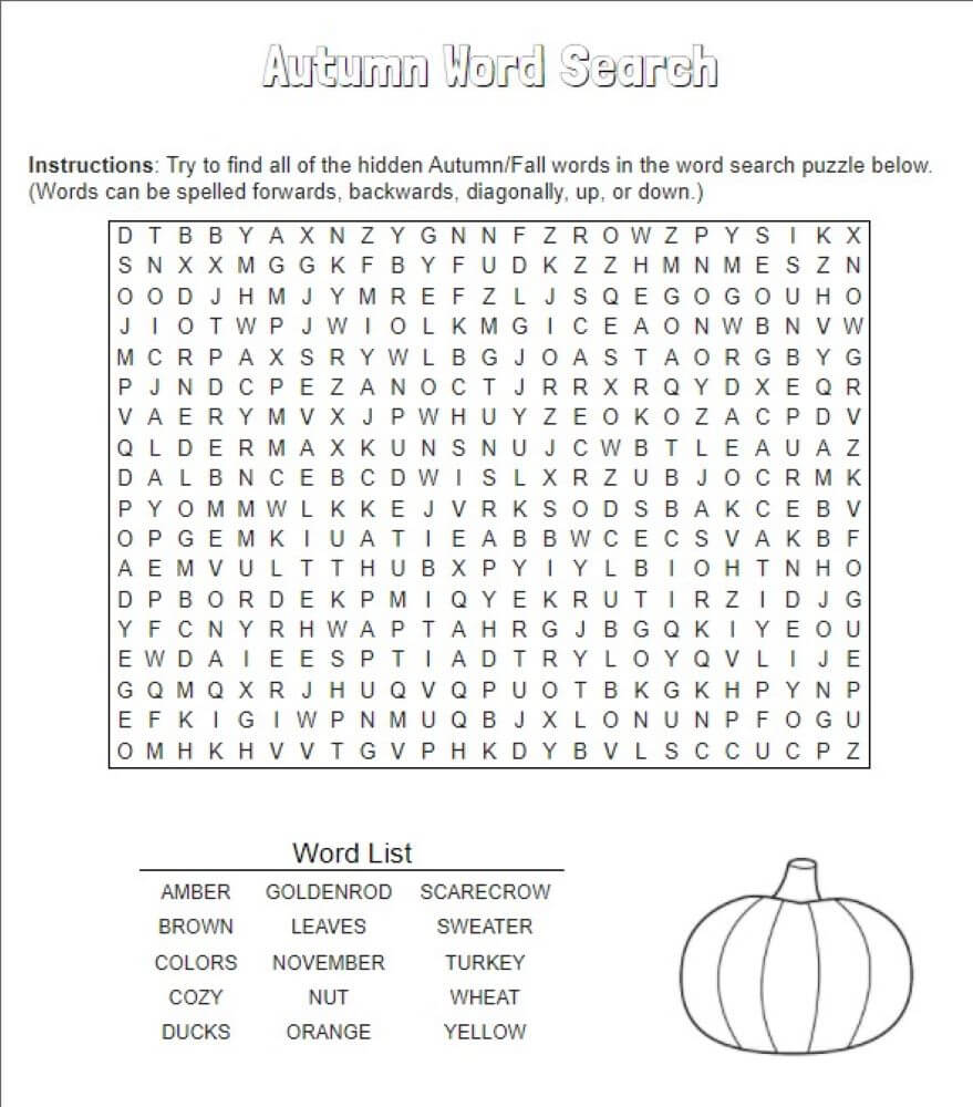 Printable Autumn Word Search – Worksheet 2