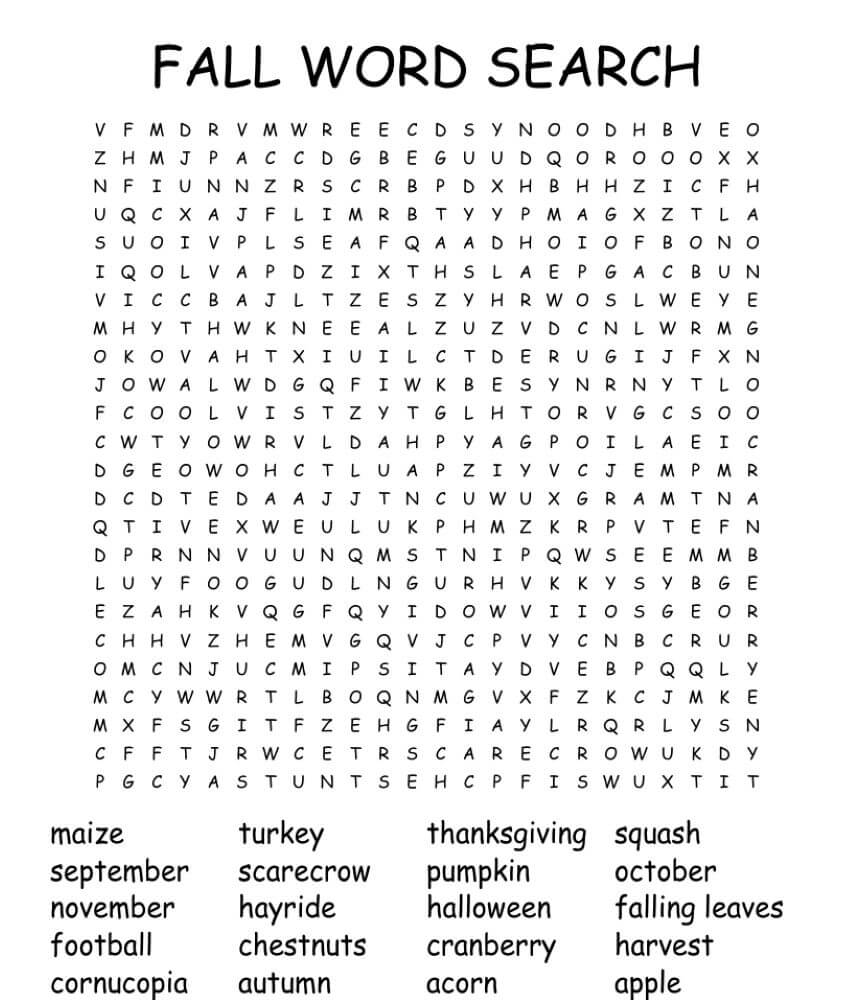 Printable Autumn Word Search – Worksheet 5