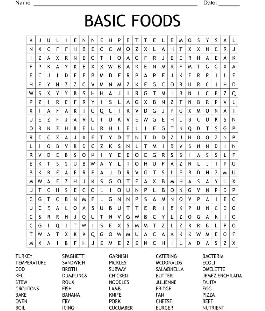 Printable Basic Food Word Search - Sheet 1