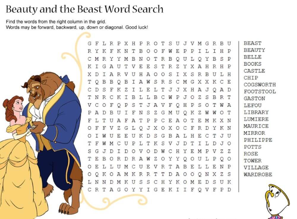 Printable Beauty and the Beast Word Search – Sheet 1