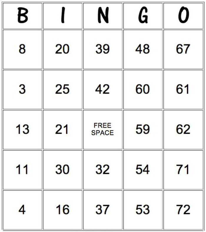 Printable Bingo Card – Sheet 12