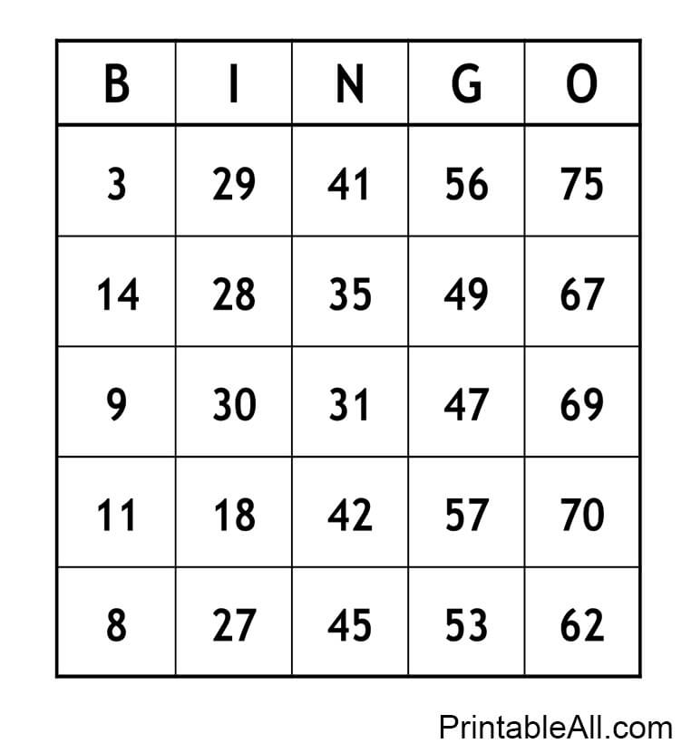 Printable Bingo Card – Sheet 4