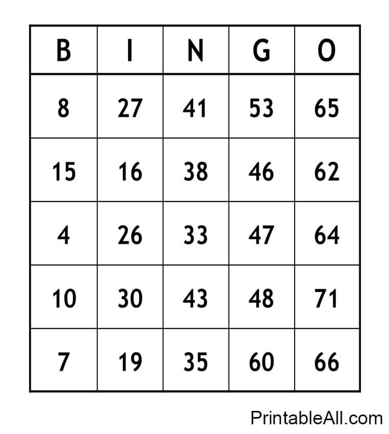 Printable Bingo Card – Sheet 5