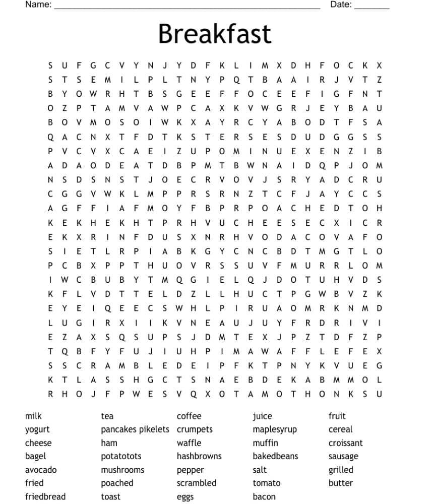 Printable Breakfast Word Search - Sheet 1