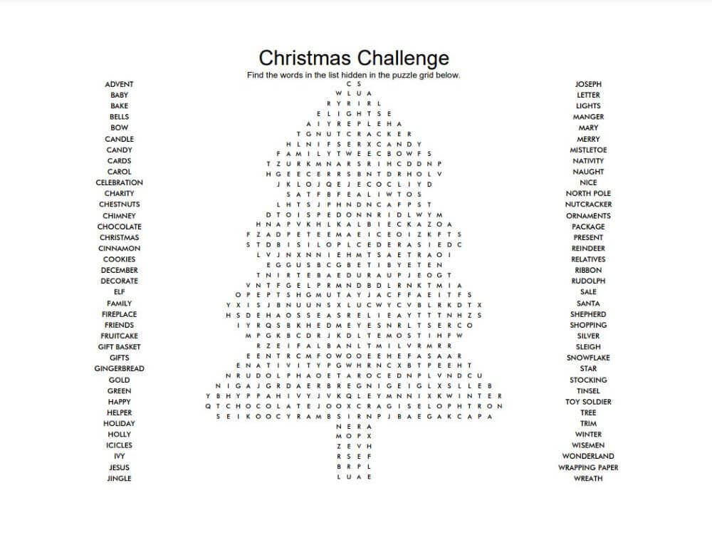 Printable Christmas Challenge Word Search - Sheet 1