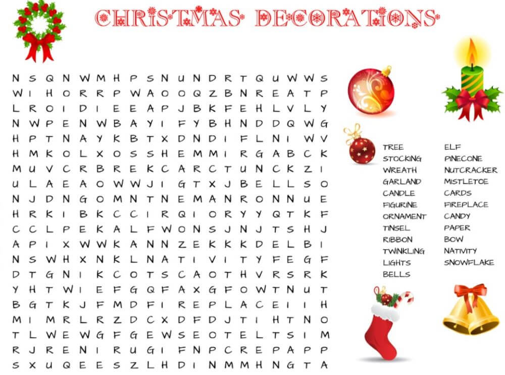 Printable Christmas Decorations Word Search - Sheet 1