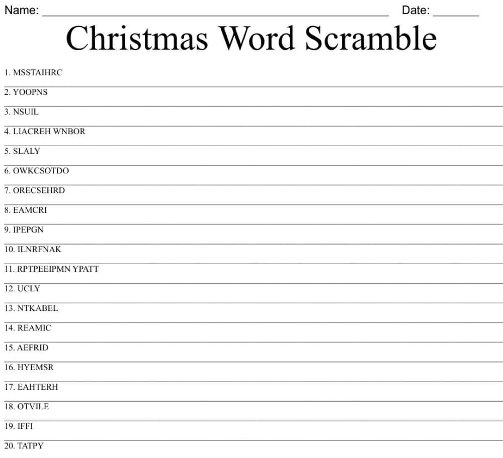 Printable Christmas Word Scramble - Worksheet 1