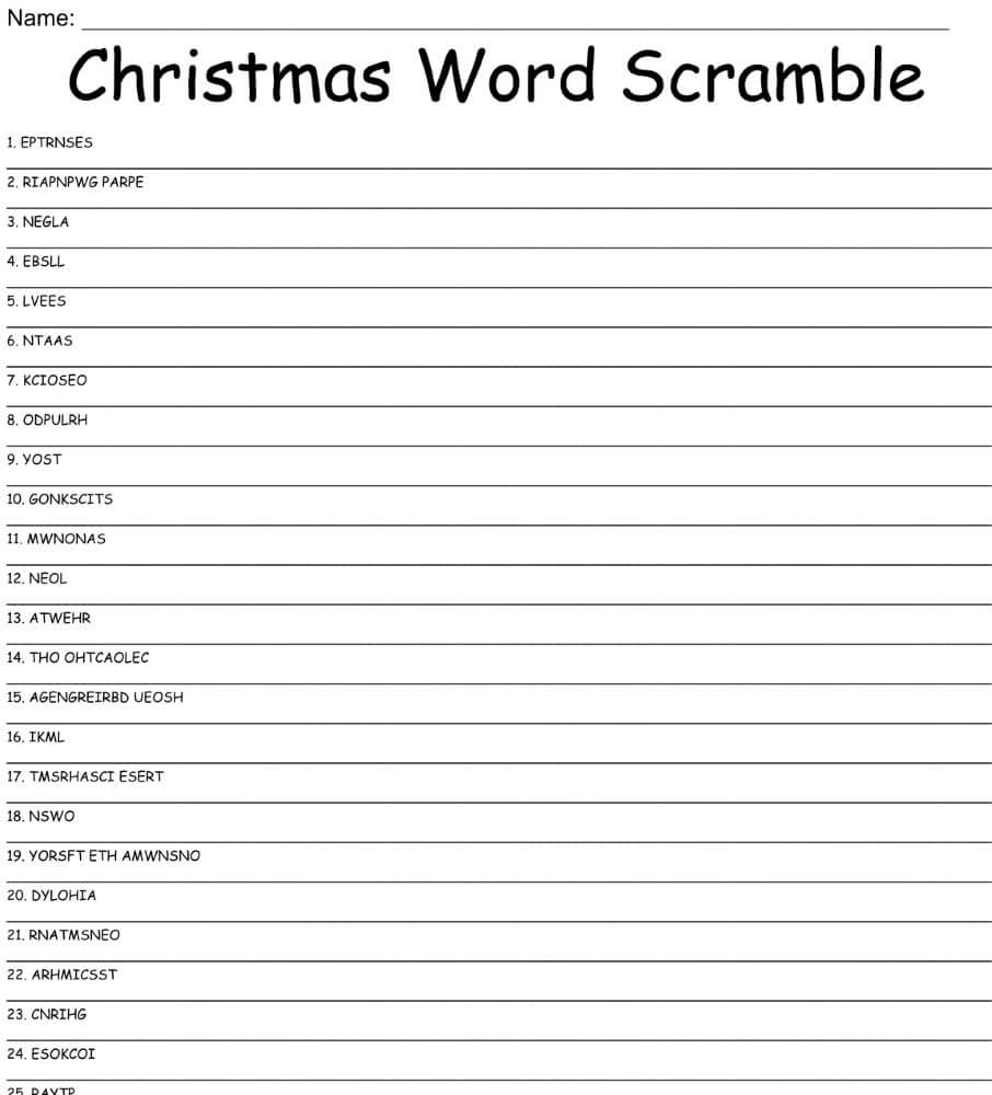 Printable Christmas Word Scramble - Worksheet 2